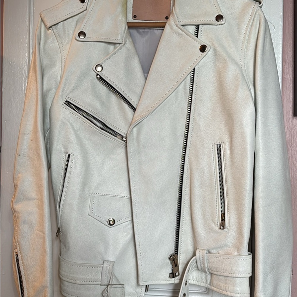Free People White Leather Moto Jacket with Asymmetrical Zipper